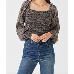 Faherty Black and Cream Smocked Square-Neck Blouse